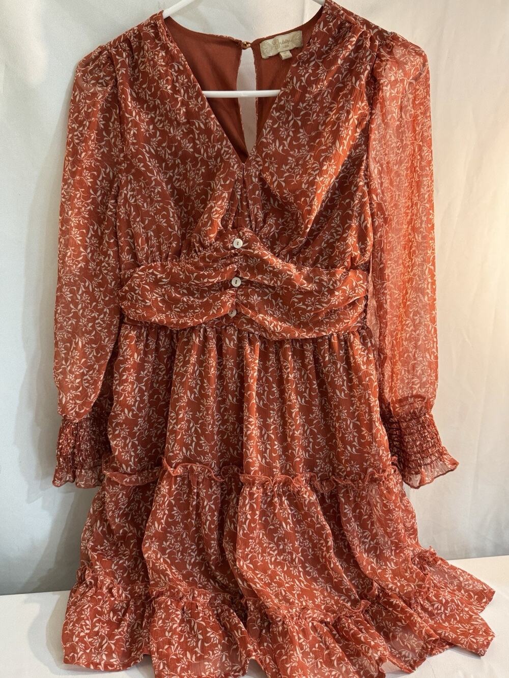 Copper Floral Long Sleeve Ruffle Tiered Mini Dress Size M Boho 0065